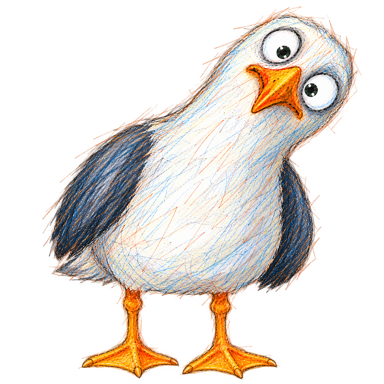 A curious seagull drawn with colorful pens