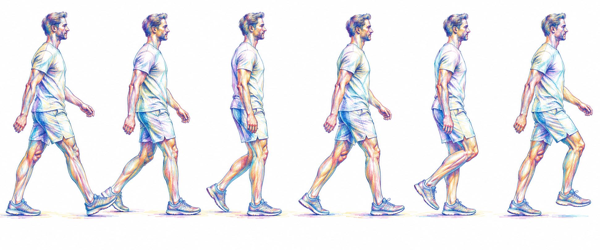 Original multicolored pen illustration of successive walking poses