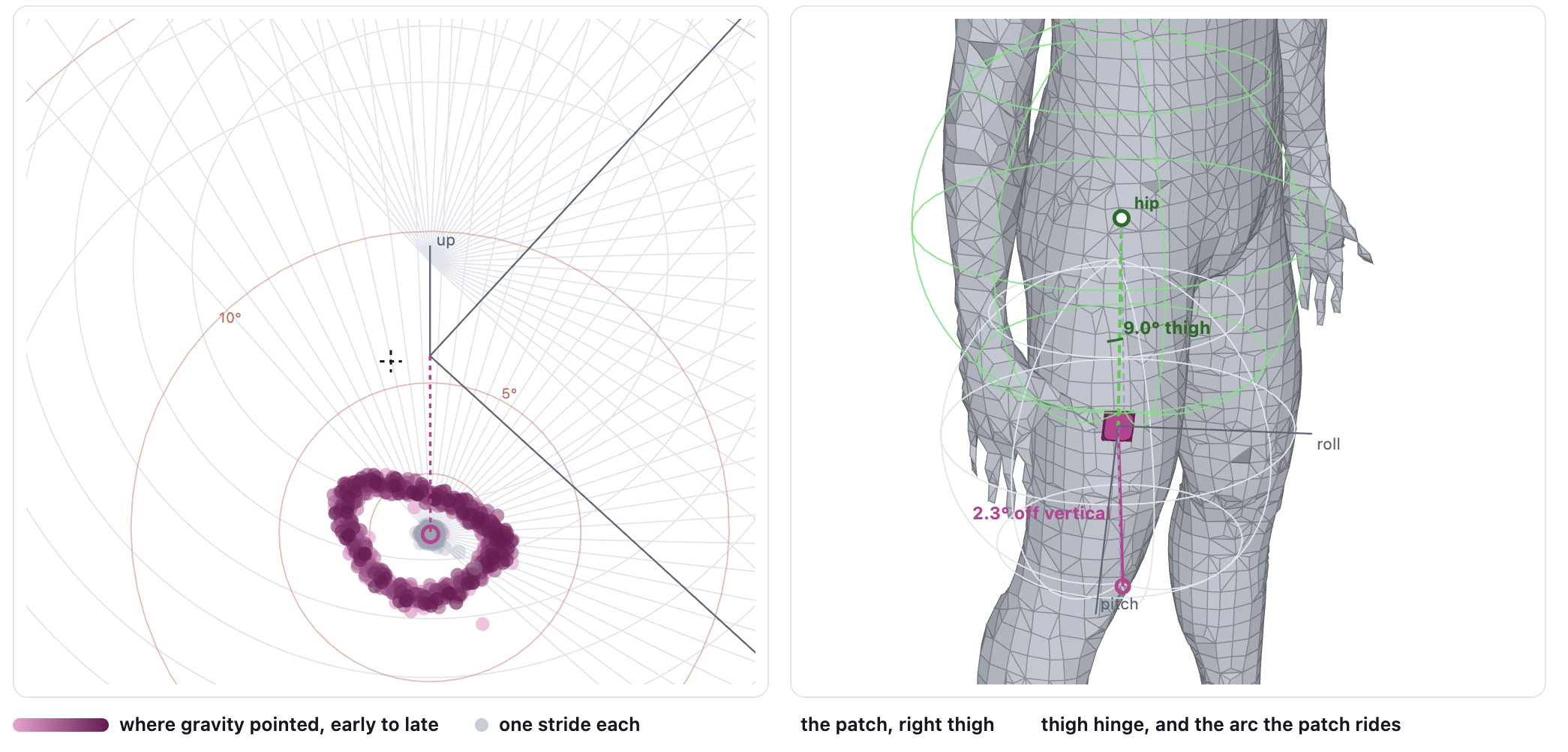 PAtch gyro-position chart alongside a 3D body model showing the sensor on the thigh